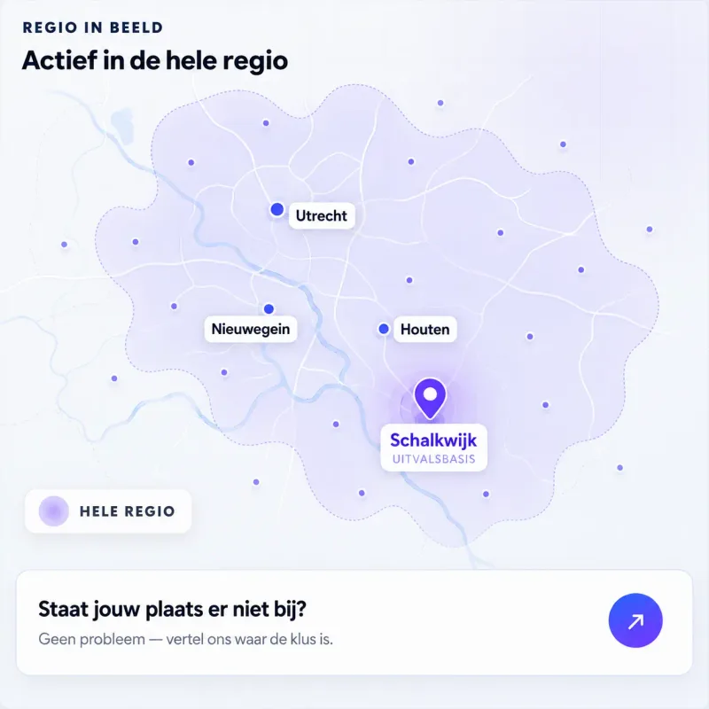 Kaart van het werkgebied met Utrecht, Houten, Nieuwegein en Schalkwijk als uitvalsbasis